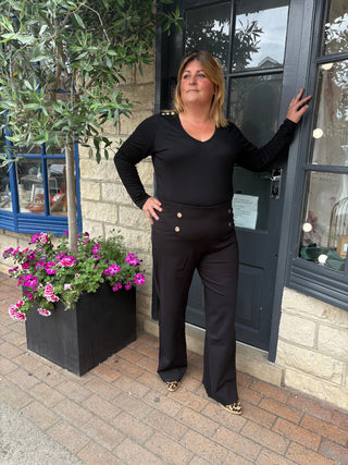 Wide Leg Ponte Trouser With Gold Button Detail in Black