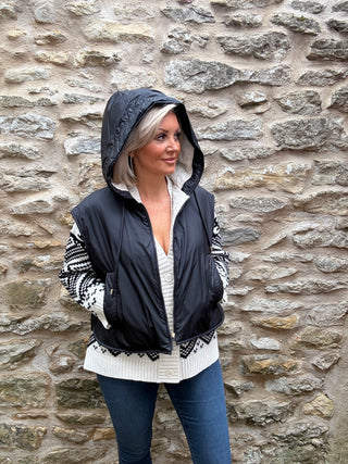 Reversible water-repellent canvas padded gilet - BLACK