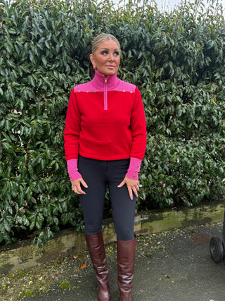 Gold Button 1/4 Zip Jumper Cerise & Red