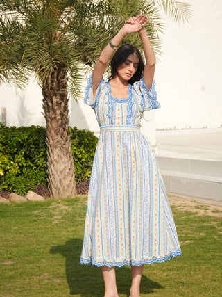 Bella Blue and White Ditsy Print Embroidered Midi Dress