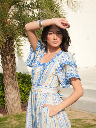 Bella Blue and White Ditsy Print Embroidered Midi Dress