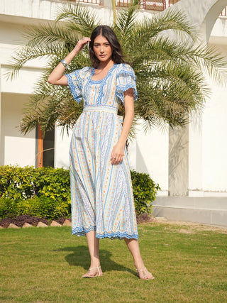 Bella Blue and White Ditsy Print Embroidered Midi Dress
