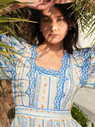 Bella Blue and White Ditsy Print Embroidered Midi Dress