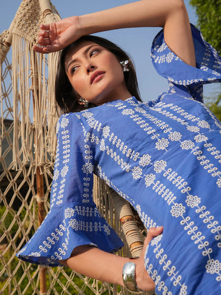 Cat Embroidery Dress Blue