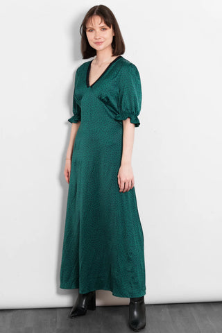 Elise V-Neck Tea Dress- Green/Teal, Polka Dot