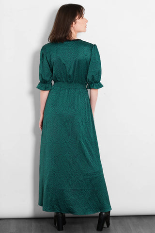 Elise V-Neck Tea Dress- Green/Teal, Polka Dot