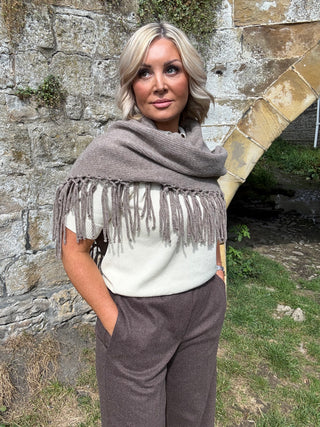 Fringed wool shawl - DEEP TAUPE