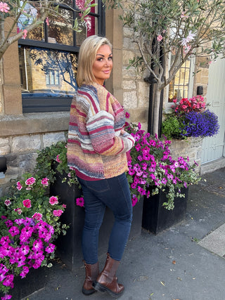 Brodie Wool Blend Cardigan in Multi/Pink Striped