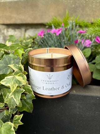 Crowberry Wood Tin Candle- Vintage Leather & Oak