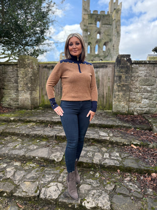 Gold Button 1/4 Zip Jumper Navy & Tan