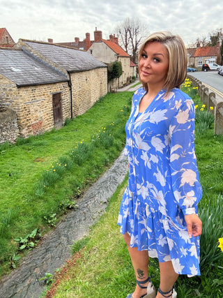 Sheer Floral Print Dress Perfect Blue
