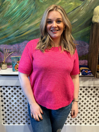 Cece Wool Blend Short Sleeve Box Jumper - Fuchsia