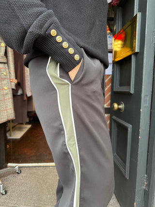 Wide Leg Trouser with Side Tape Detail- Khaki