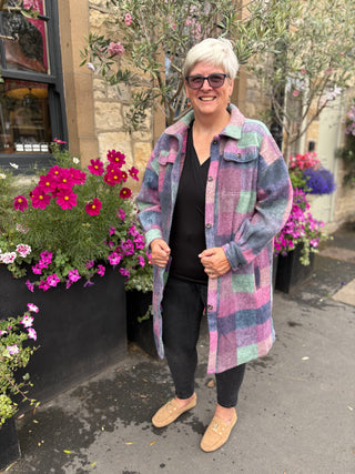 Elle Long Fleece Jacket - Fuchsia Check