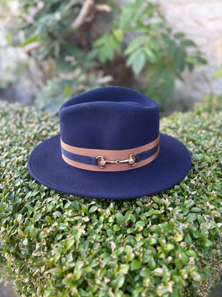 Amelia Snaffle Fedora Navy - Navy/TAN Ribbon
