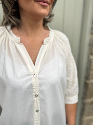 Rhodes Cotton Blouse With Broderie Anglais Sleeves Cloud Cream