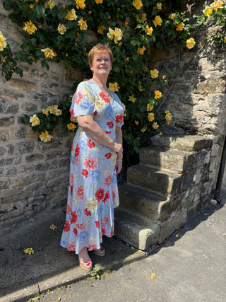 FLORAL PRINT WRAP SS FRILL DRESS