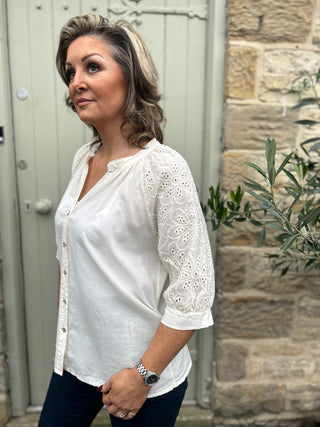 Rhodes Cotton Blouse With Broderie Anglais Sleeves Cloud Cream