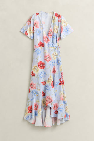 FLORAL PRINT WRAP SS FRILL DRESS