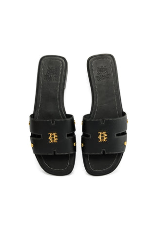 HERALDIC MONOGRAM SLIDES BLACK SAFFIANO