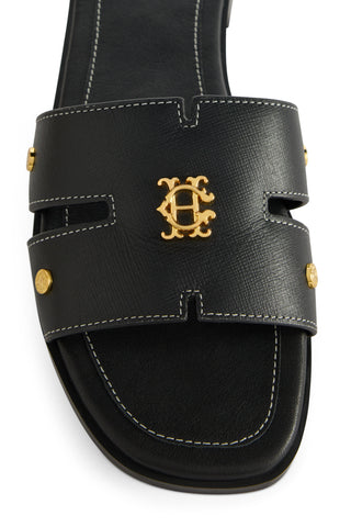 HERALDIC MONOGRAM SLIDES BLACK SAFFIANO