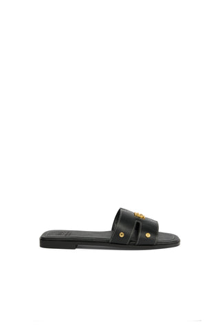 HERALDIC MONOGRAM SLIDES BLACK SAFFIANO