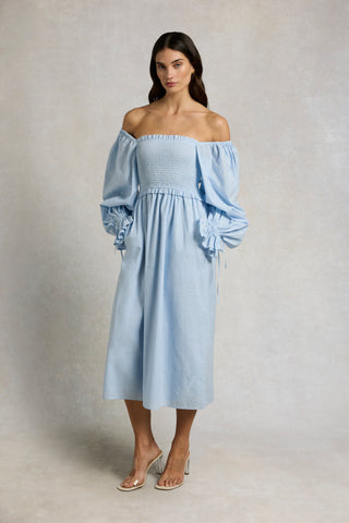 SMOCK DRESS PALE BLUE CHAMBRAY