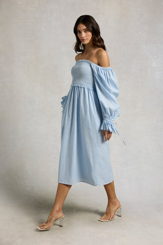 SMOCK DRESS PALE BLUE CHAMBRAY