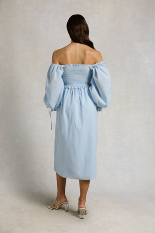 SMOCK DRESS PALE BLUE CHAMBRAY