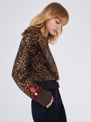Leopard Hari Merino Jacquard Cardi Bomber in Camel/Black