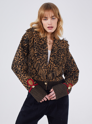 Leopard Hari Merino Jacquard Cardi Bomber in Camel/Black