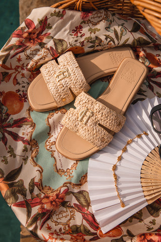 HERALDIC MONOGRAM SLIDES NATURAL STRAW
