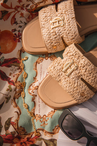 HERALDIC MONOGRAM SLIDES NATURAL STRAW
