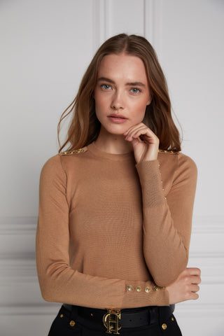 Buttoned Knit Crew Neck Dark Camel