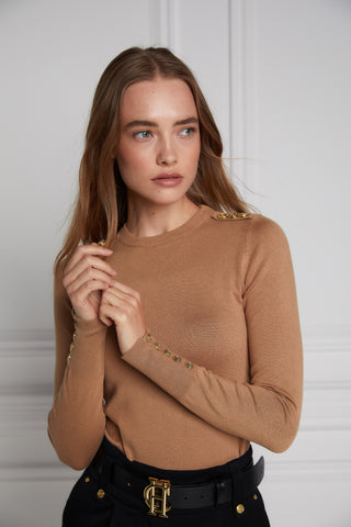 Buttoned Knit Crew Neck Dark Camel