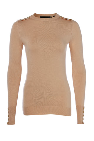 Buttoned Knit Crew Neck Dark Camel
