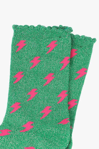 Women's Glitter Socks - Green/Pink, Lightning Bolts