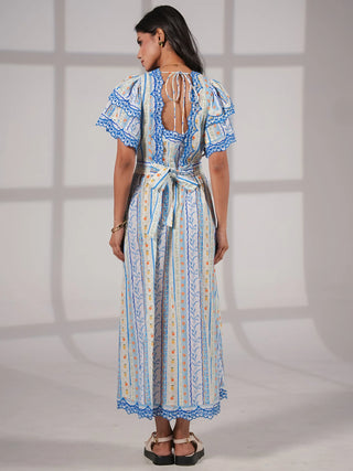Bella Blue and White Ditsy Print Embroidered Midi Dress