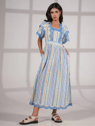 Bella Blue and White Ditsy Print Embroidered Midi Dress