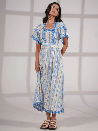 Bella Blue and White Ditsy Print Embroidered Midi Dress