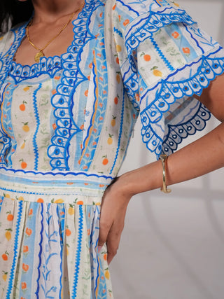 Bella Blue and White Ditsy Print Embroidered Midi Dress