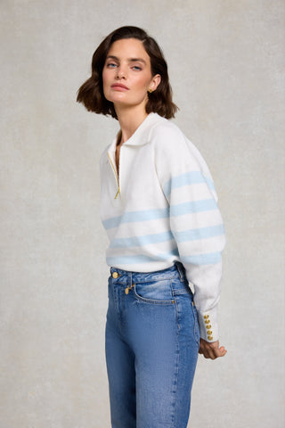 LYDIA QUARTER ZIP KNIT NATURAL POWDER BLUE