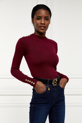 Buttoned Knit Crew Neck Wine