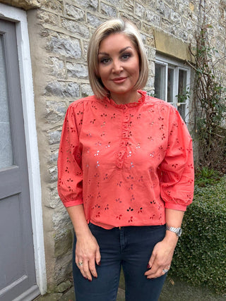 Ladies Thea Cotton Blouse - Coral Broderie Anglaise