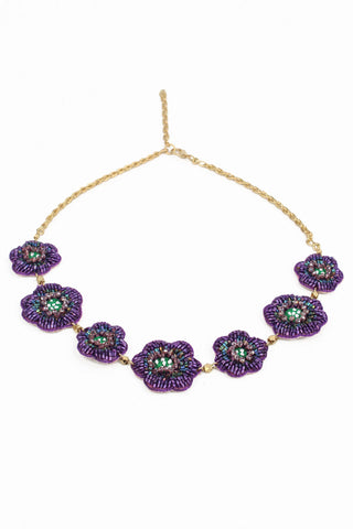 PURPLE COLOR BEADED EMBROIDERY FLOWER NECKLACE