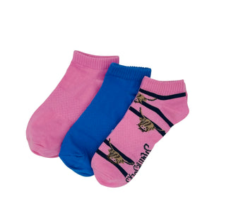 Highland Cow Trainer Socks Trio Pink & Navy stripe/Blue/ Pink