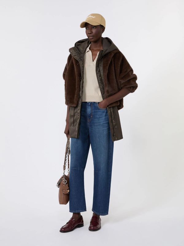 Fluffy-textured short jacket - BROWN