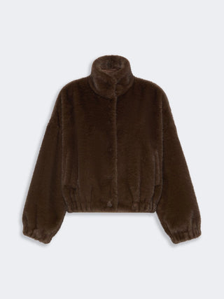 Fluffy-textured short jacket - BROWN