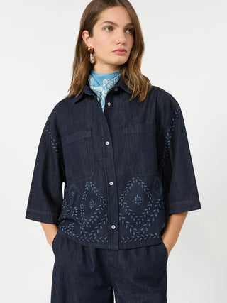Boxy shirt in laser-treated cotton denim - NAVY