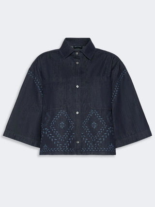 Boxy shirt in laser-treated cotton denim - NAVY